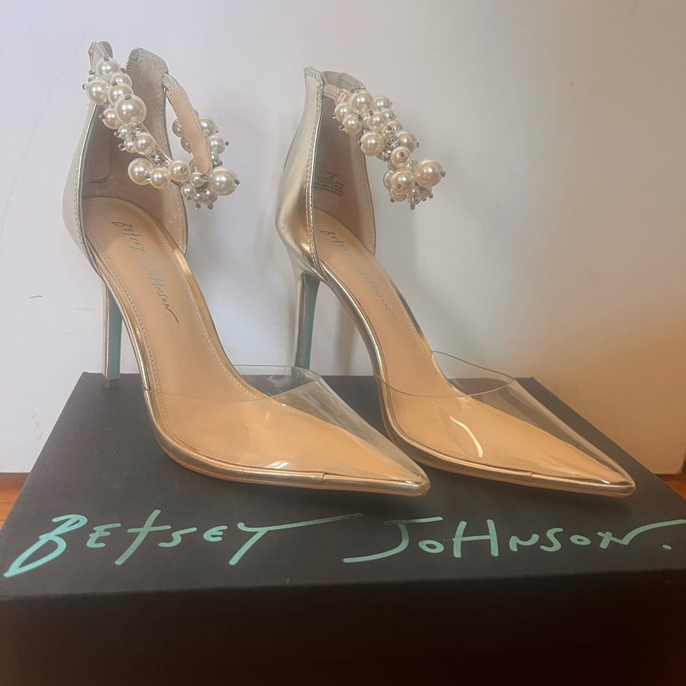 Betsey Johnson Gold Heels with Pearl Accents
